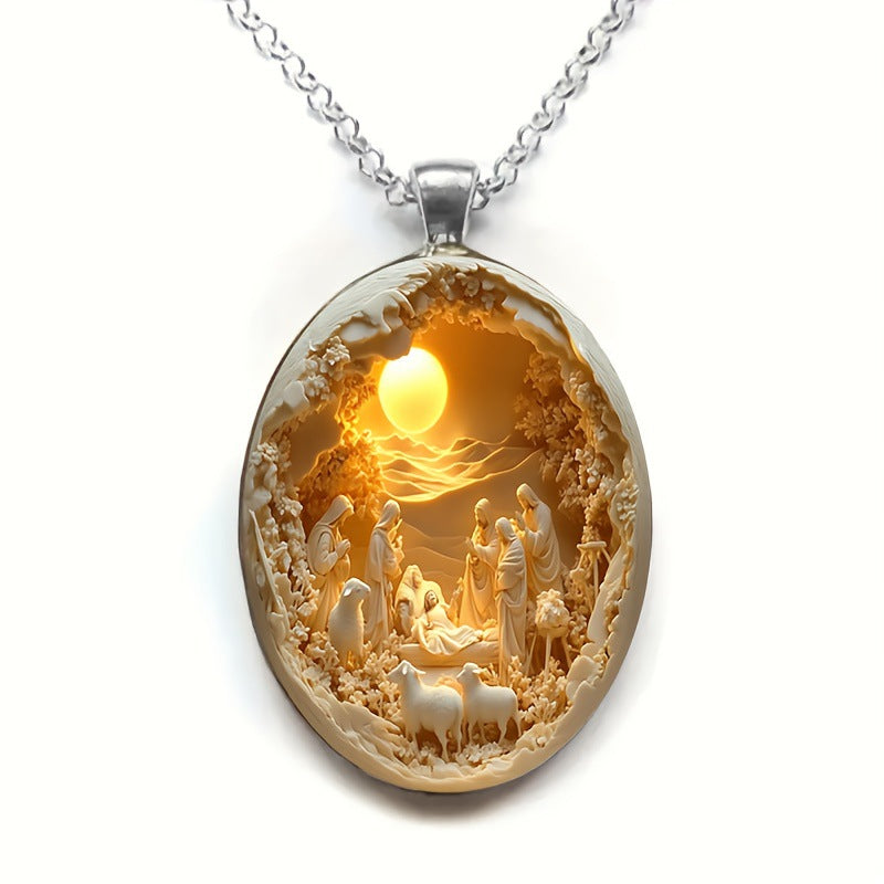 Oval Glass Alloy Pendant Necklace