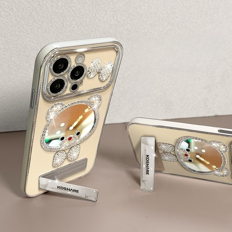 Rhinestone-embellished bear makeup mirror stand iPhone case