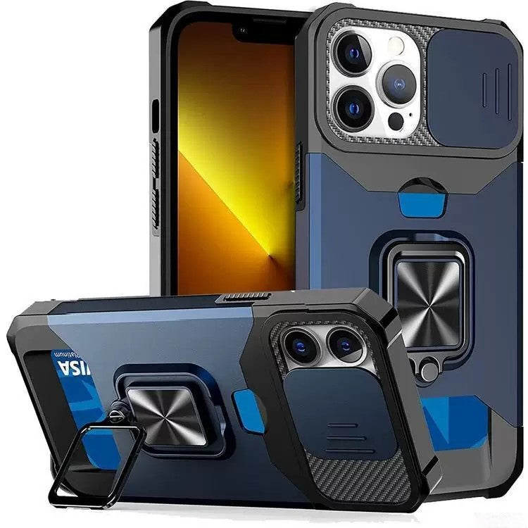 Mecha-style magnetic car mount phone case for iPhone with a sliding camera cover