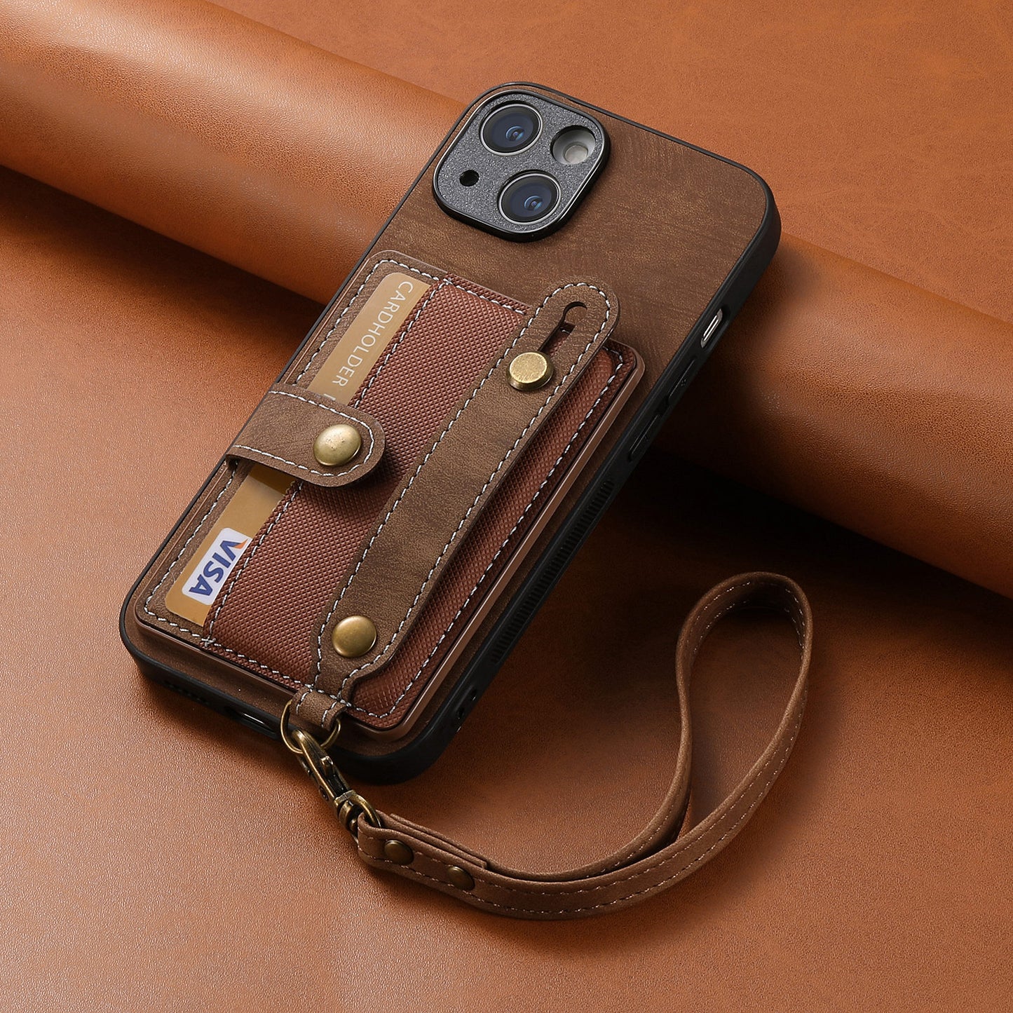 Wristband Lanyard Card Slot Leather Case Apple Phone Case