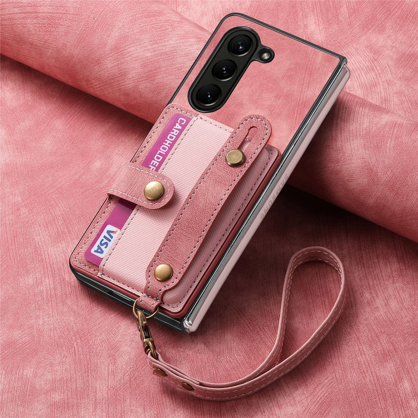 Wristband Lanyard Card Slot Leather Case Samsung Z Fold Phone Case