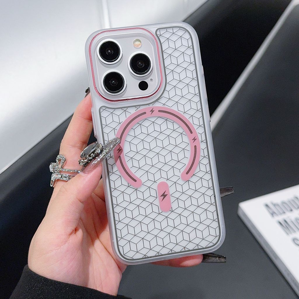 Carved matte skin-feel checkered magnetic iPhone case