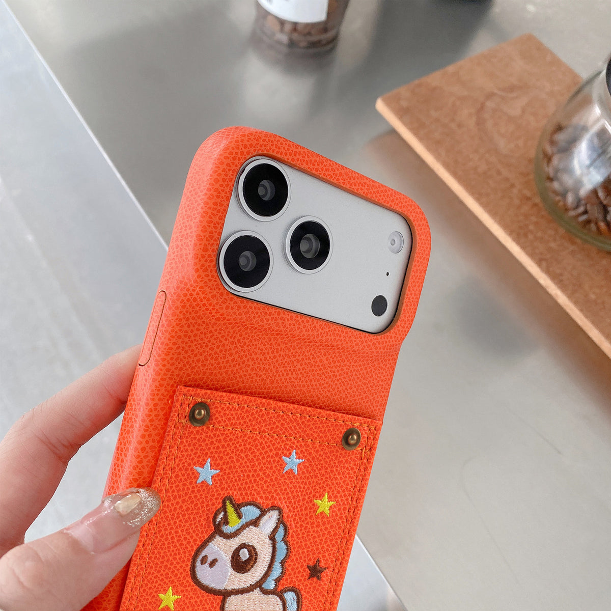 Embroidered Pony Faux Leather Card-Slot iPhone Case