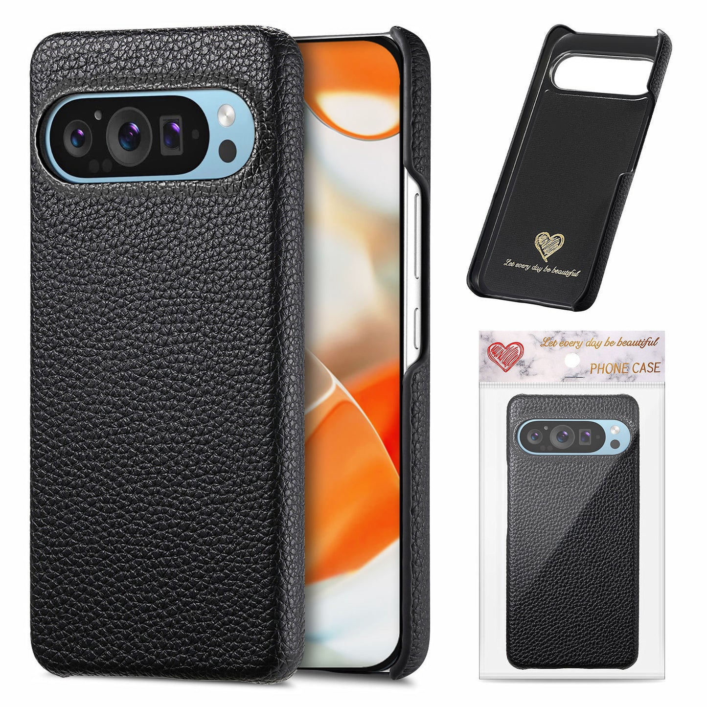 Half-covered lychee textured leather Google pixe phone case