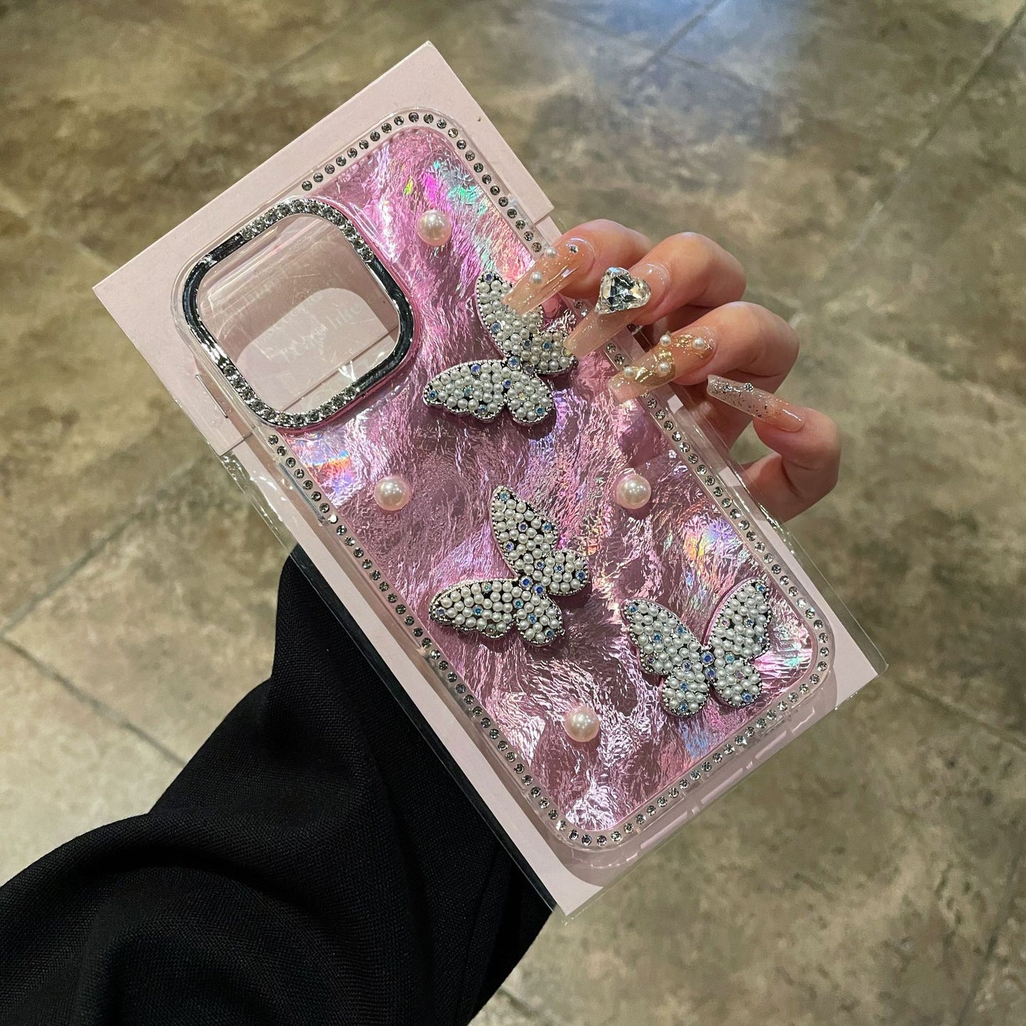 3D Pearl Butterfly Rhinestone Laser Shell Pattern Apple Phone Case