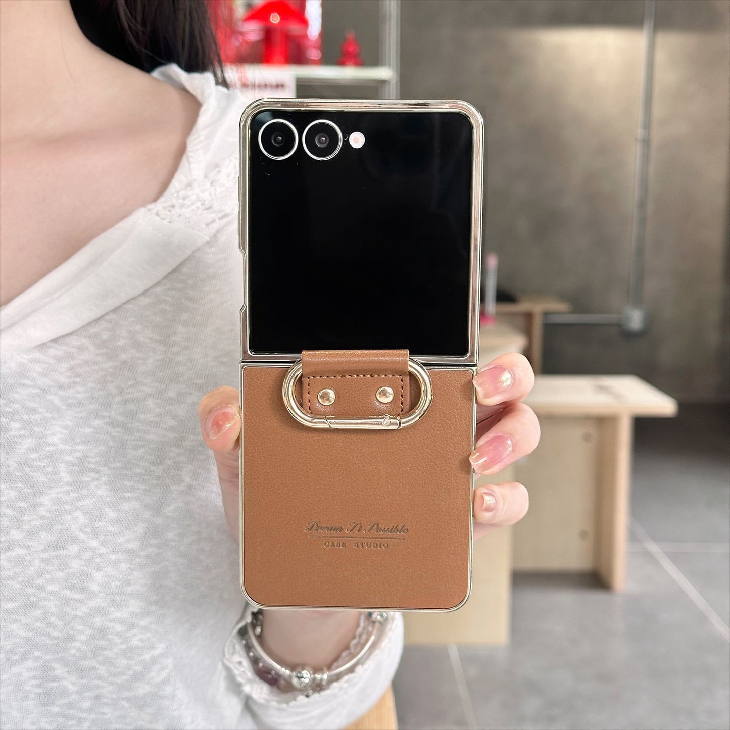 Plain leather electroplating ring buckle Samsung Z Flip mobile phone case