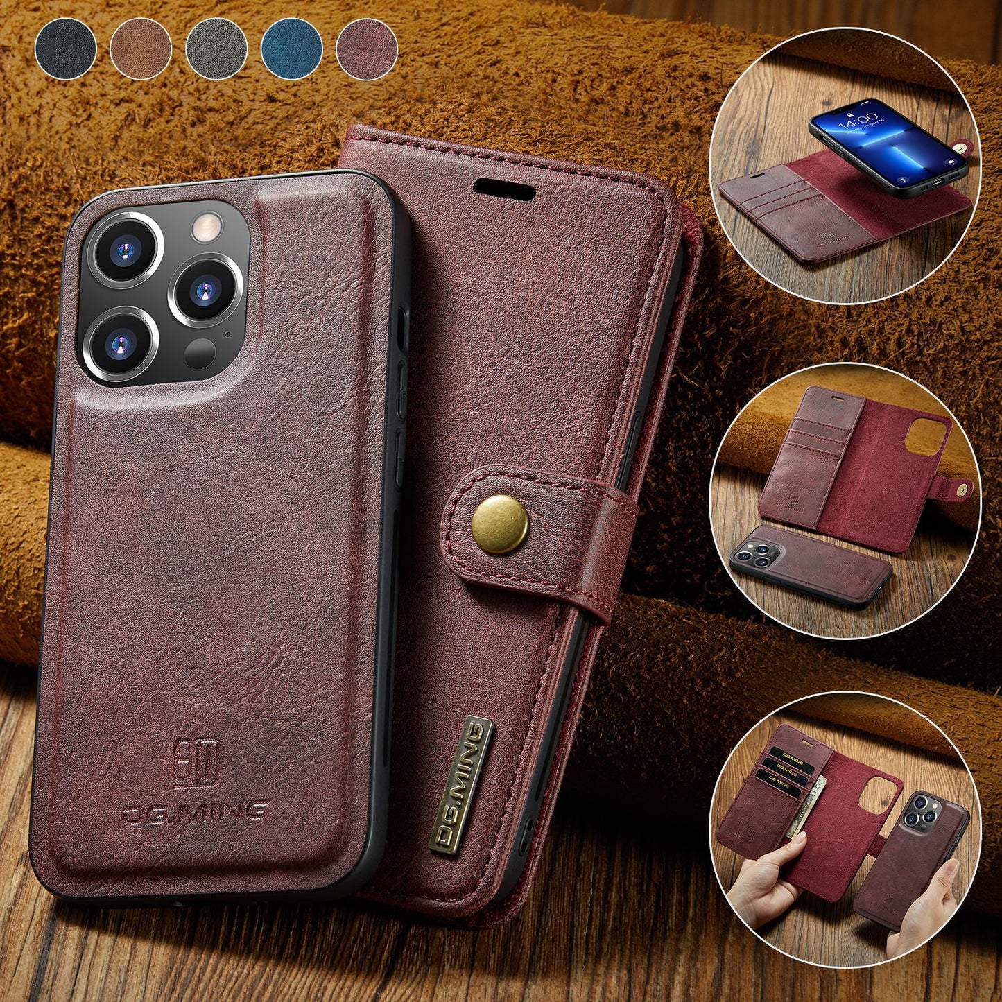 2-in-1 wallet with strong magnetic detachable leather Apple phone case