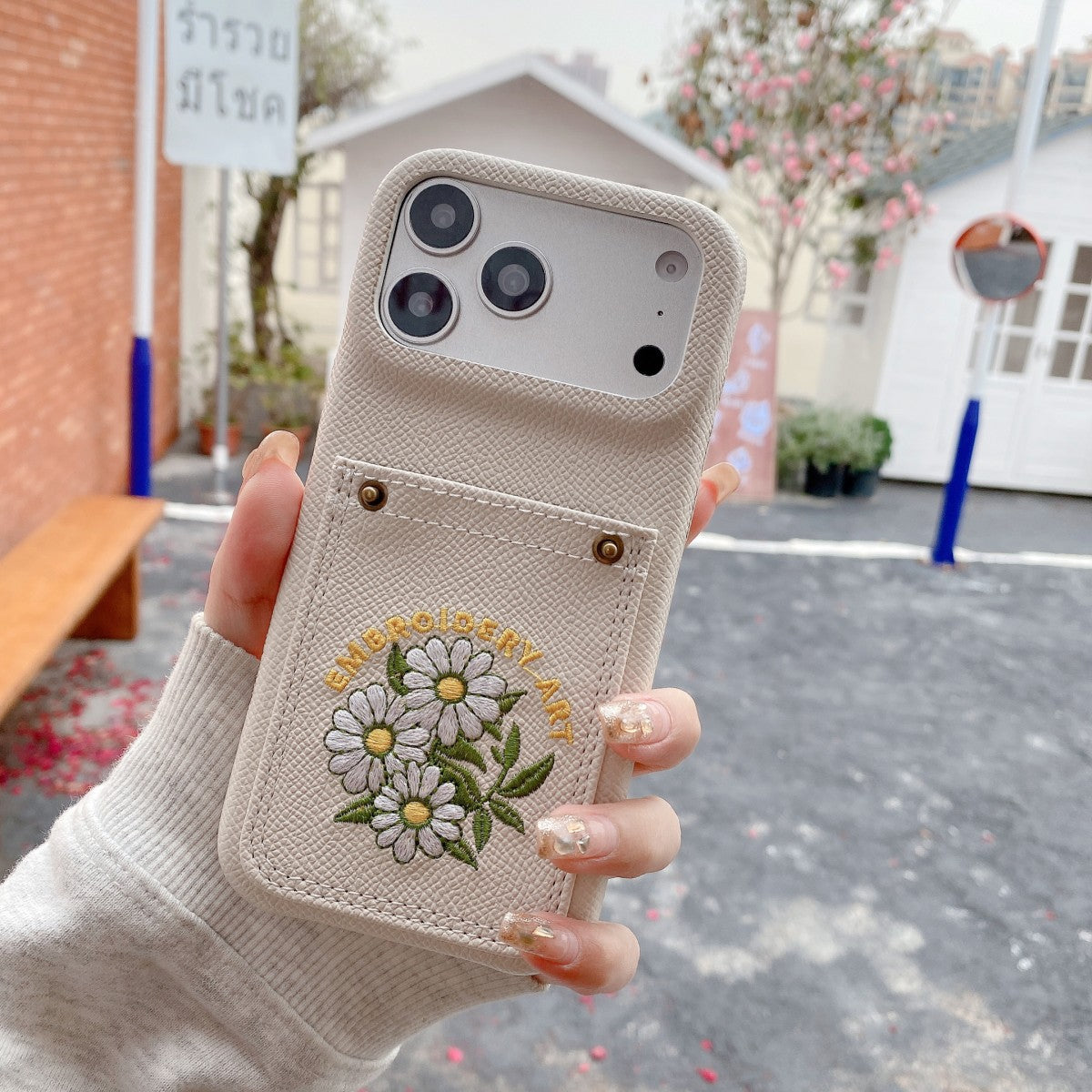 Embroidered Floral Faux Leather Card-Holder iPhone Case