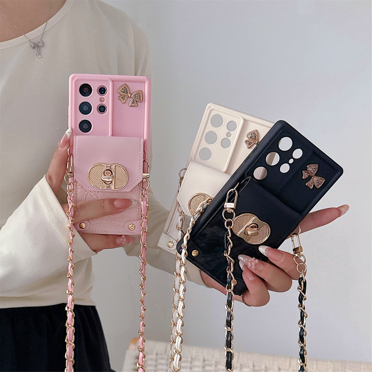 Patterned Bow Card Holder Crossbody Strap Samsung Phone Case