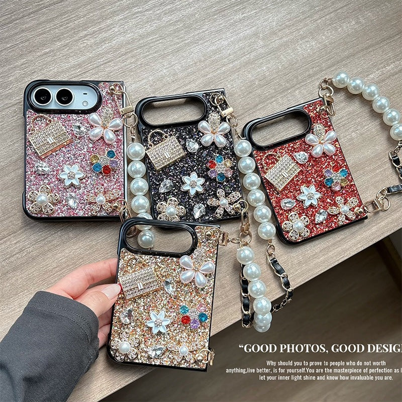 Luxurious Creative Rhinestone Flower & Pearl iPhone Duo Case