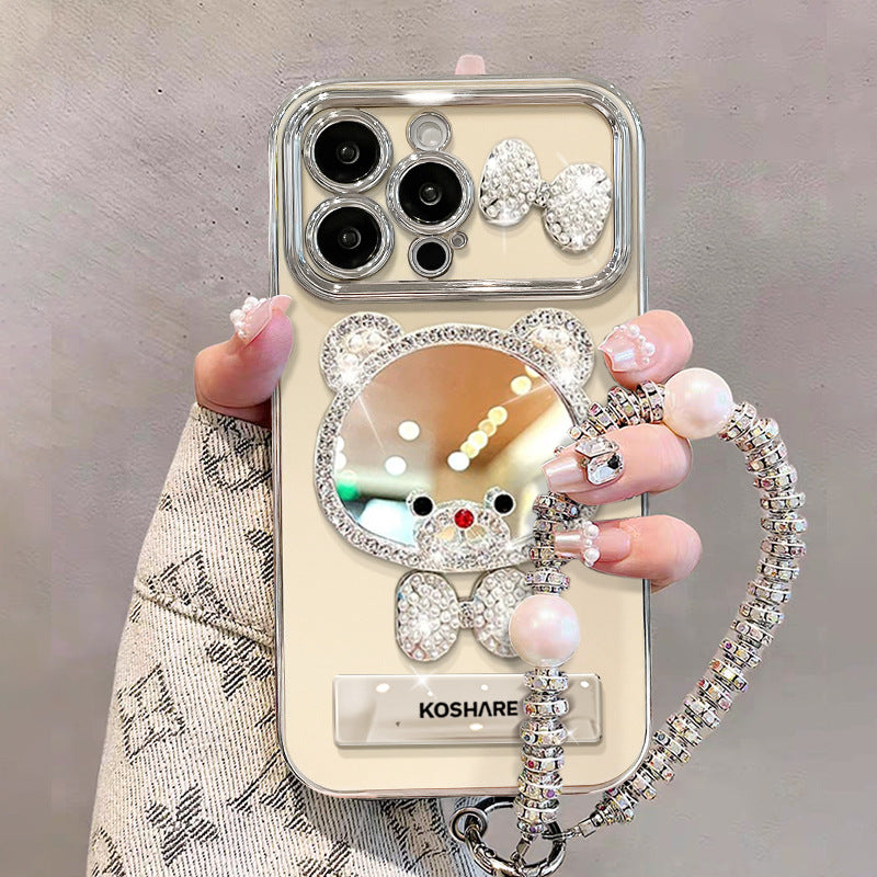 Rhinestone-embellished bear makeup mirror stand iPhone case