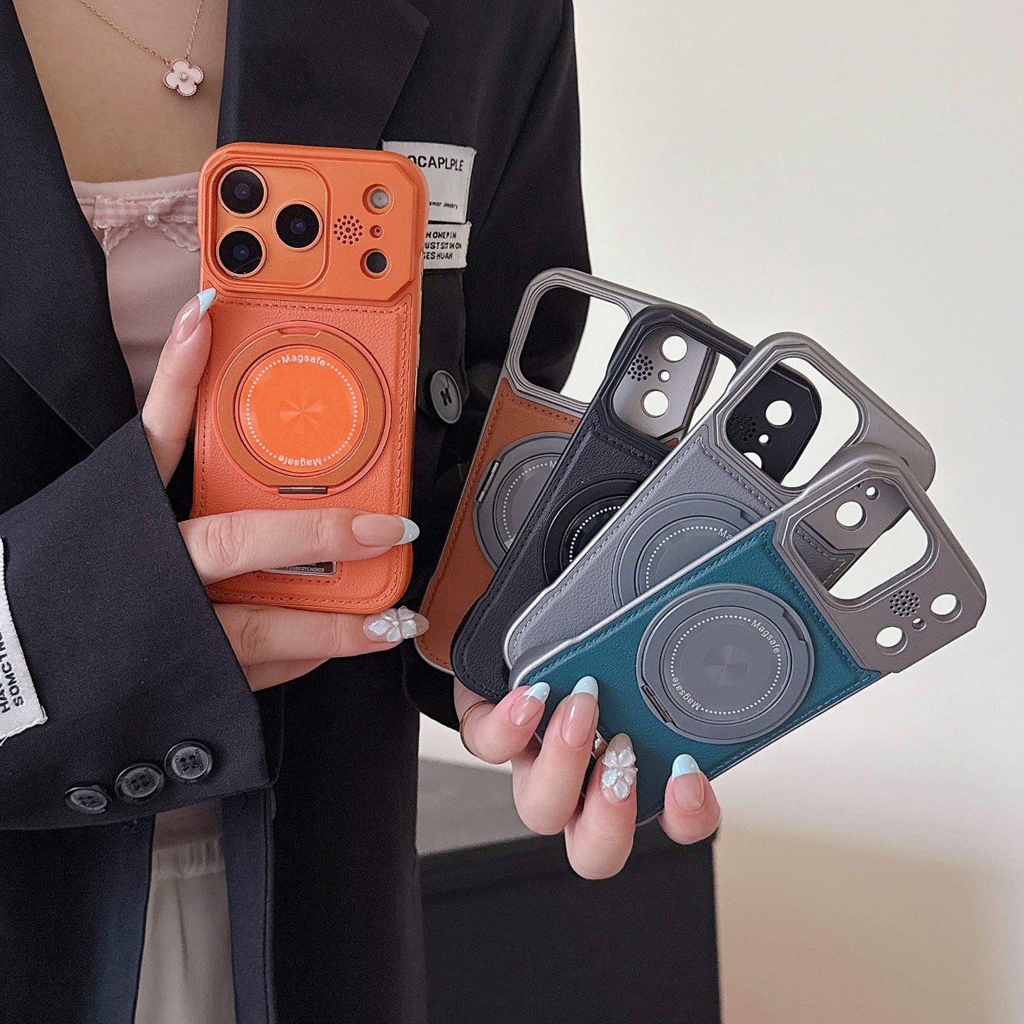 Frameless leather textured magnetic rotating stand Apple phone case