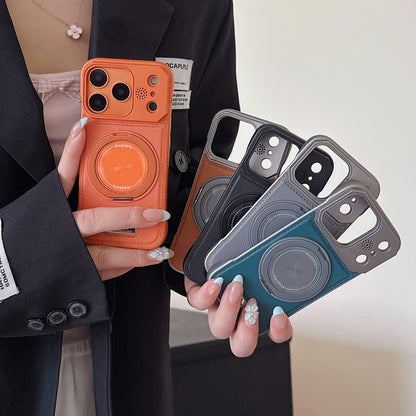 Frameless leather textured magnetic rotating stand Apple phone case