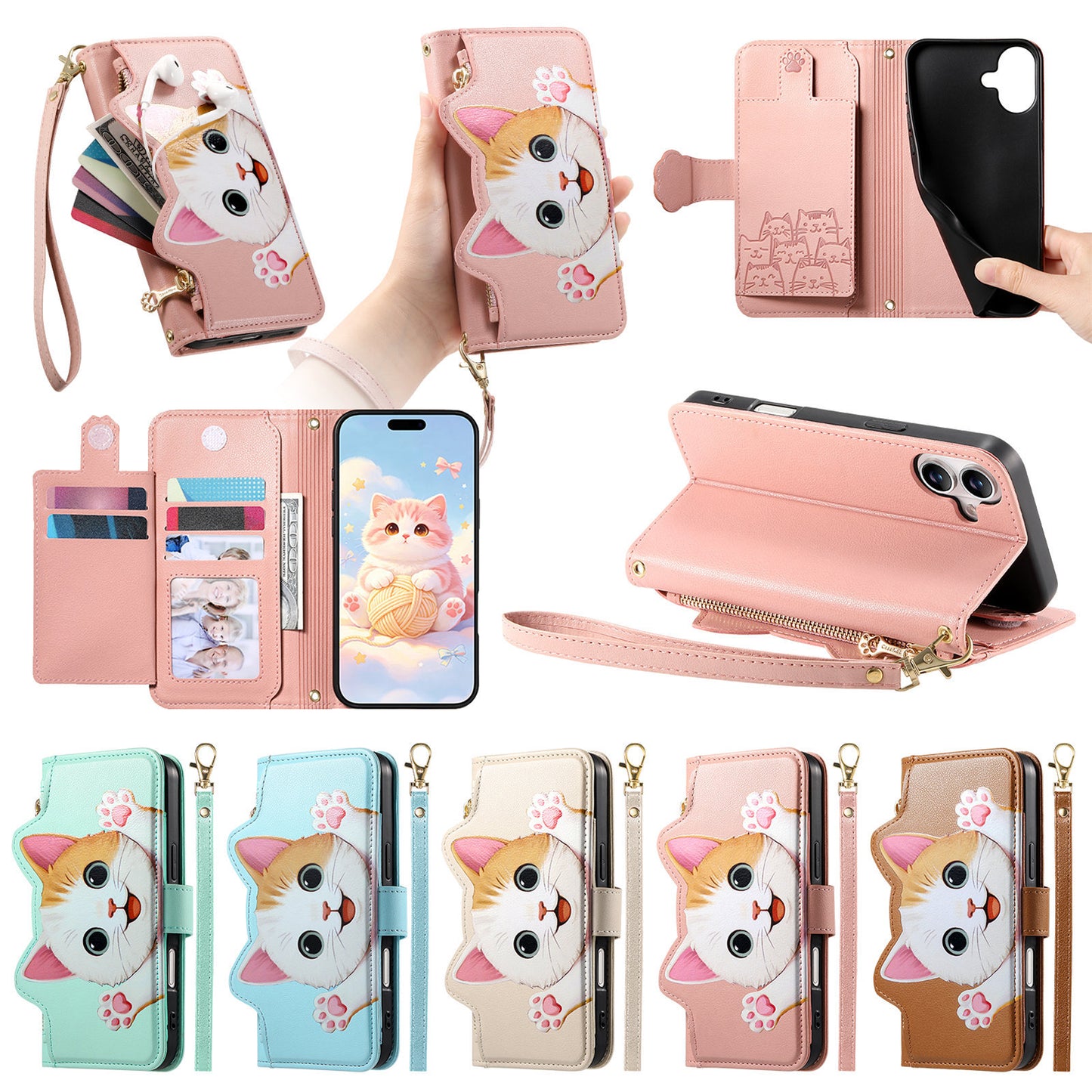 Cat and dog style flip phone case with short lanyard