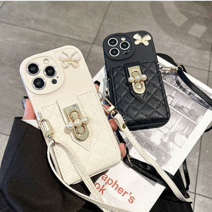 Crossbody lanyard butterfly mirror card holder Apple phone case