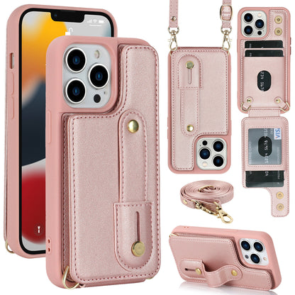 Crossbody long rope wrist strap stand leather case Apple phone case