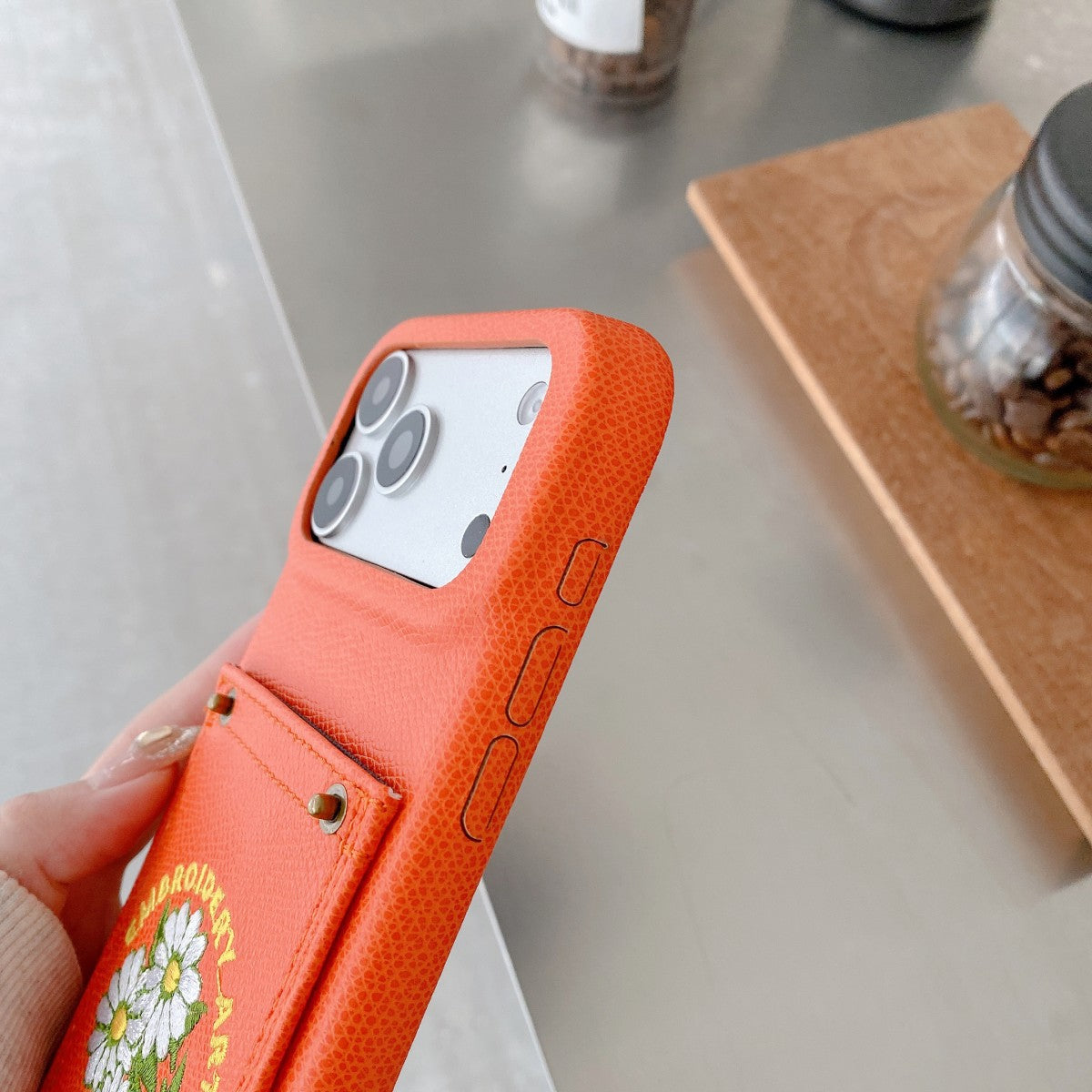 Embroidered Floral Faux Leather Card-Holder iPhone Case