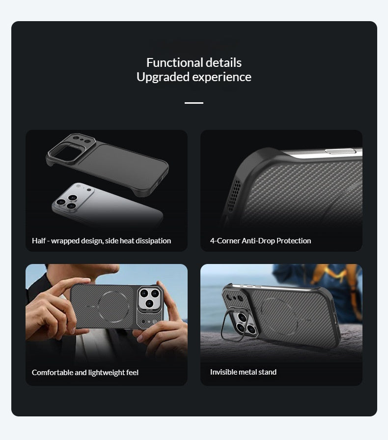 Frameless carbon fiber textured stand Apple phone case