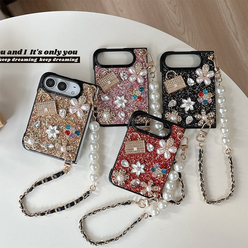 Luxurious Creative Rhinestone Flower & Pearl iPhone Duo Case