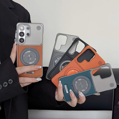 Frameless leather textured magnetic rotating stand Samsung phone case