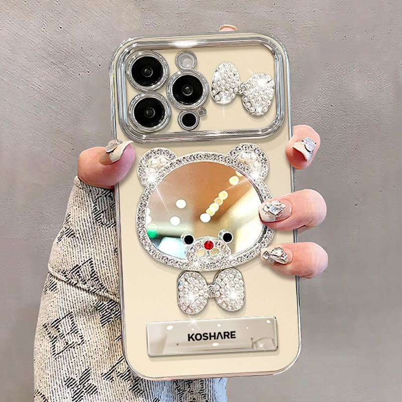 Rhinestone-embellished bear makeup mirror stand iPhone case