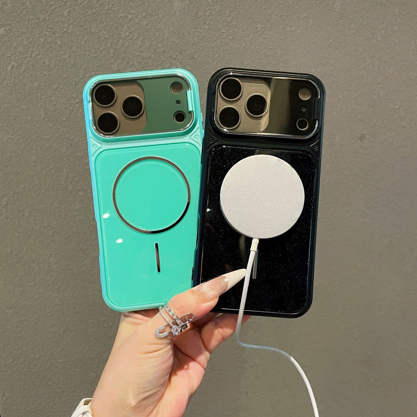 Flip-style lens holder glitter magnetic Apple phone case