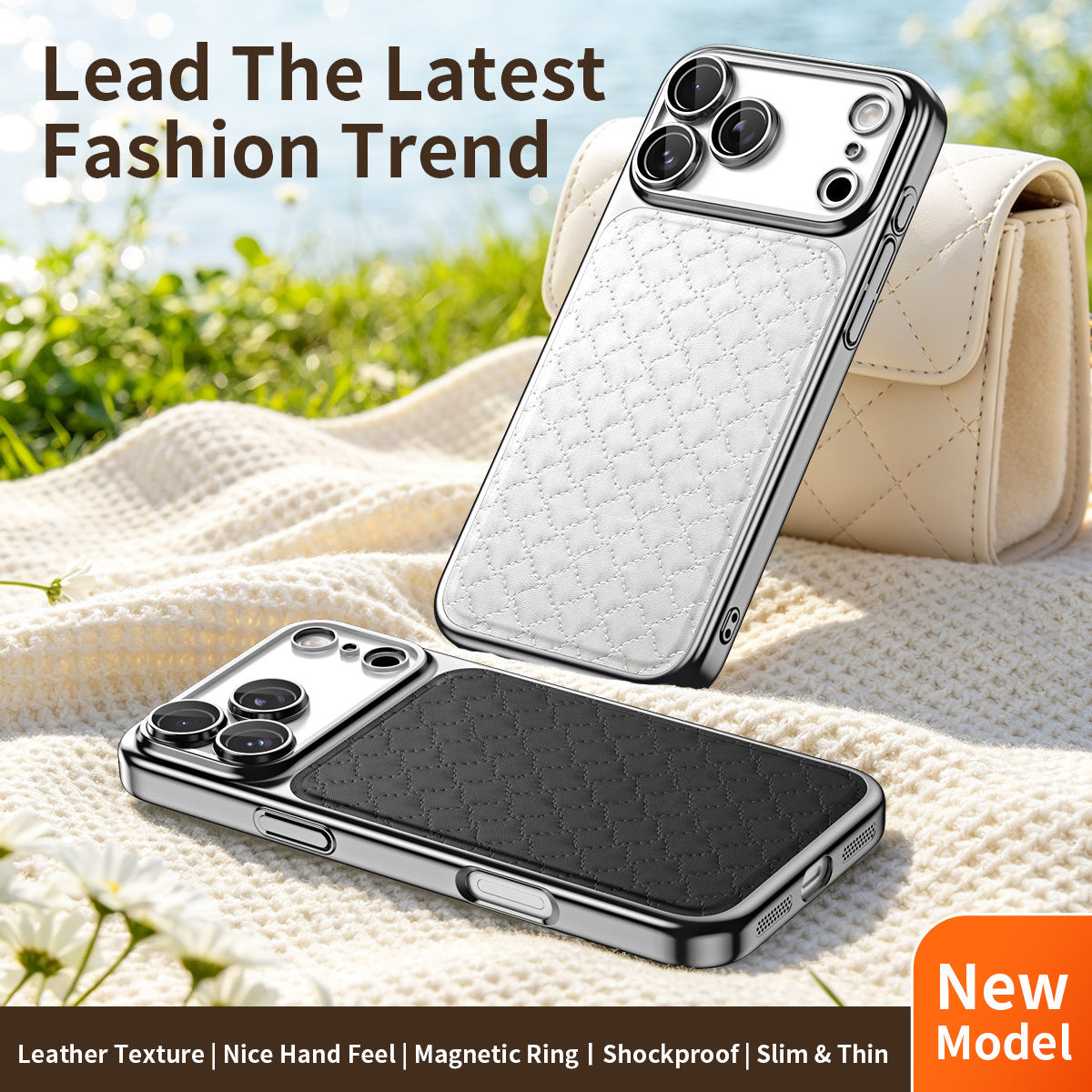 Diamond-patterned vegan leather magnetic Apple phone case