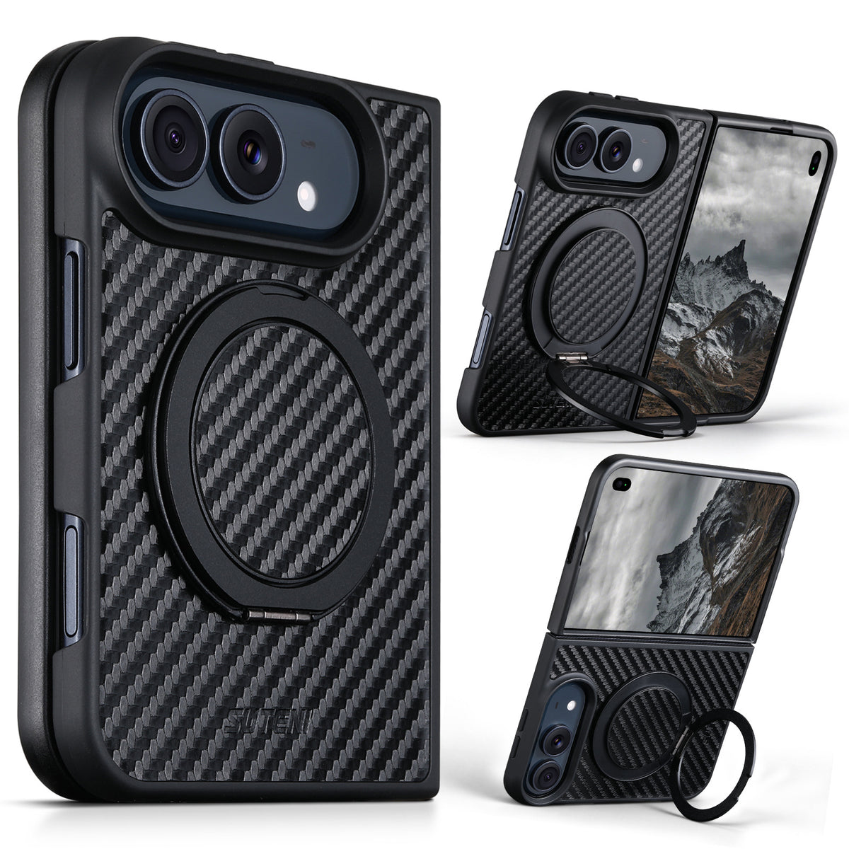 Carbon Fiber-Textured Magnetic Folio Case with Rotating Stand for iPhone Duo