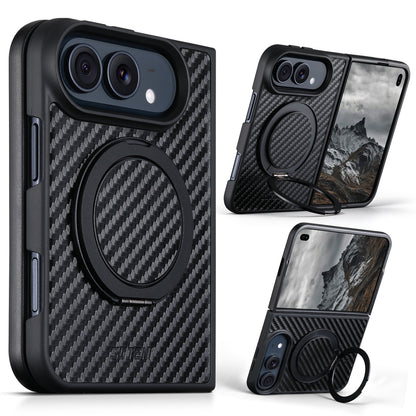 Carbon Fiber-Textured Magnetic Folio Case with Rotating Stand for iPhone Duo