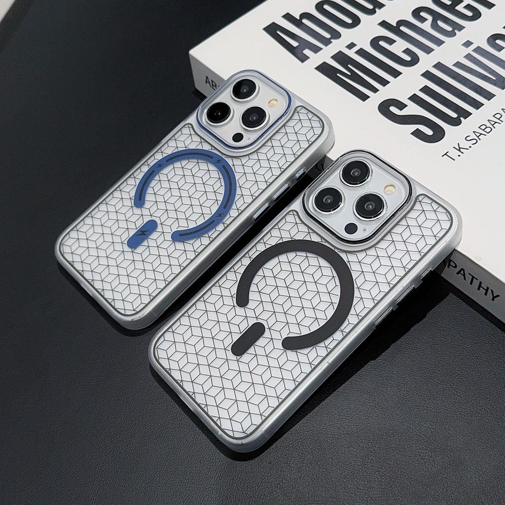 Carved matte skin-feel checkered magnetic iPhone case