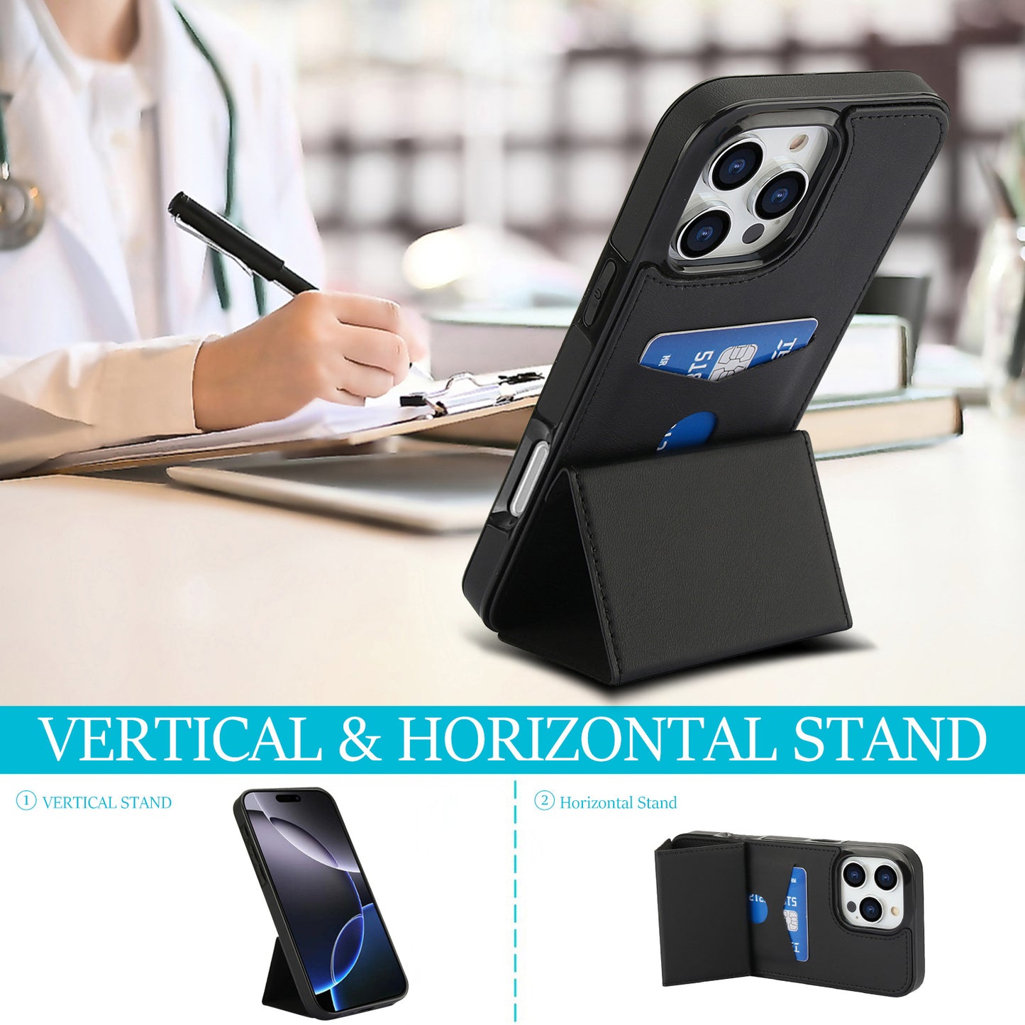 Tri-fold stand with card slot leather Apple phone case
