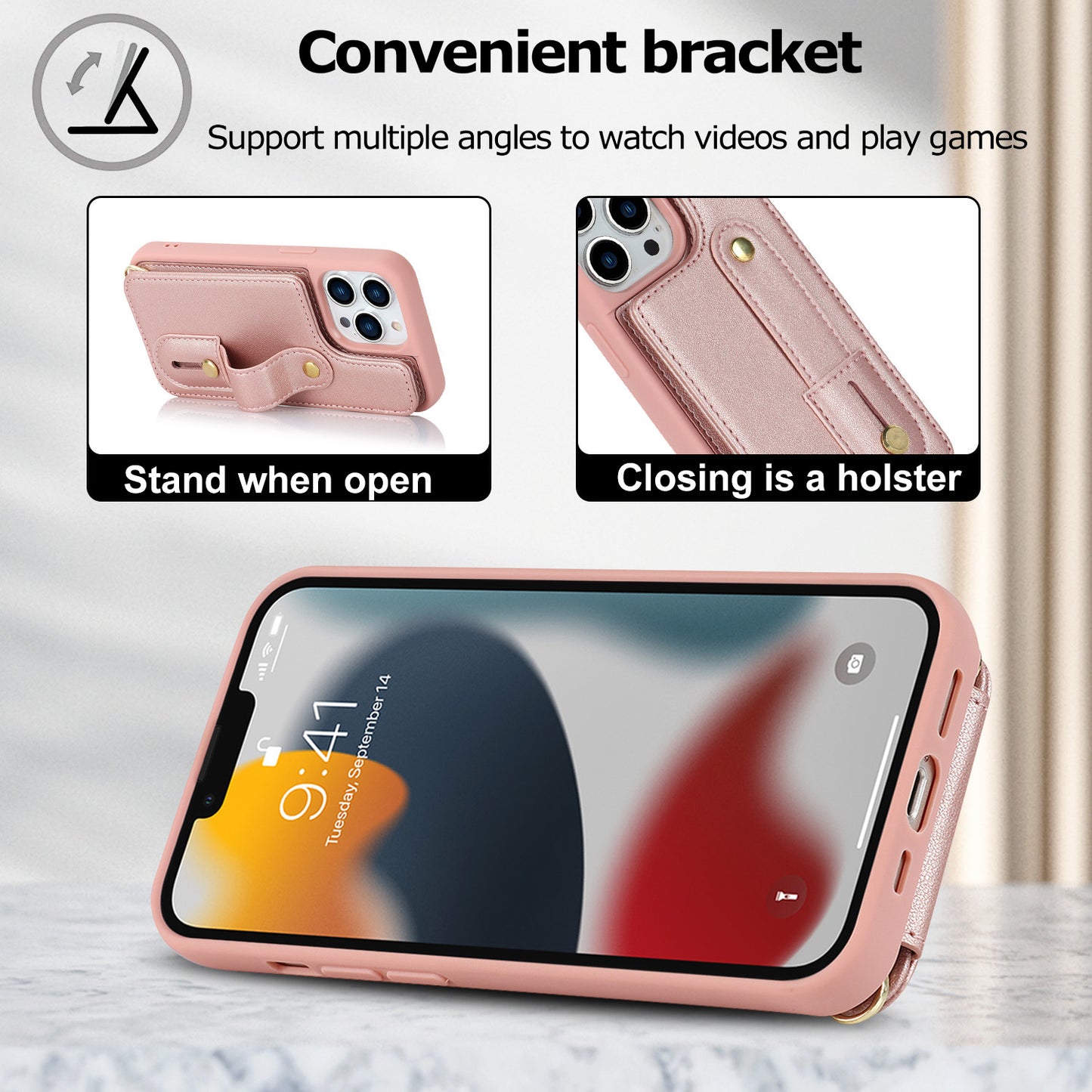 Crossbody long rope wrist strap stand leather case Apple phone case