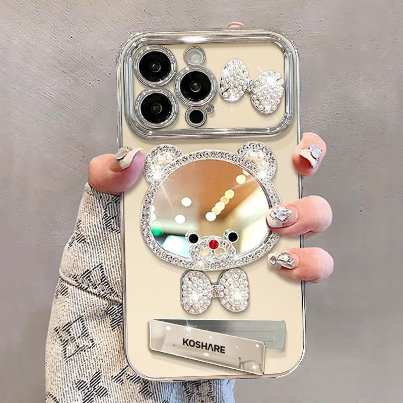 Rhinestone-embellished bear makeup mirror stand iPhone case