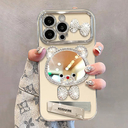 Rhinestone-embellished bear makeup mirror stand iPhone case
