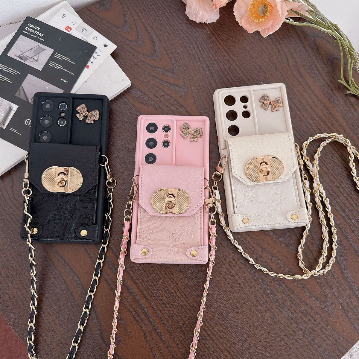 Patterned Bow Card Holder Crossbody Strap Samsung Phone Case
