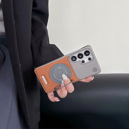 Frameless leather textured magnetic rotating stand Samsung phone case