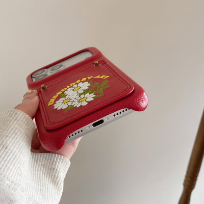 Embroidered Floral Faux Leather Card-Holder iPhone Case