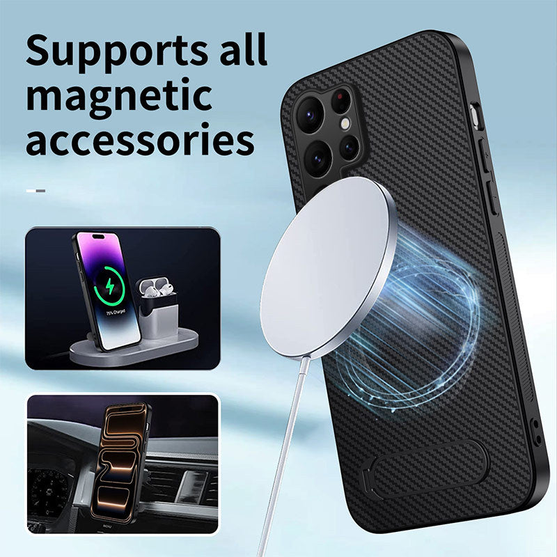 Carbon fiber textured magnetic stand Samsung phone case