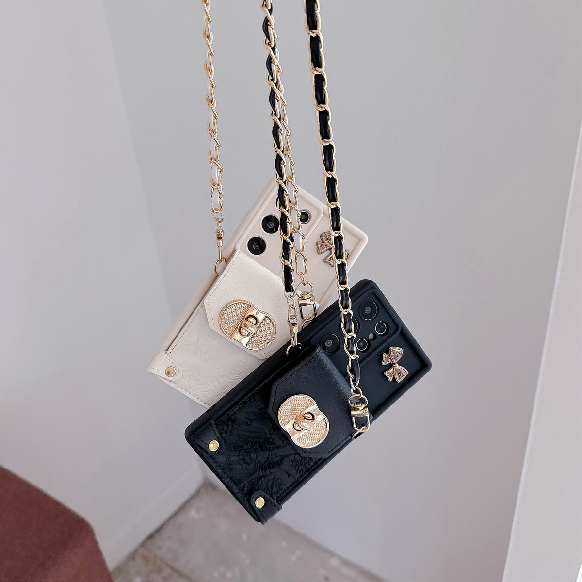 Patterned Bow Card Holder Crossbody Strap Samsung Phone Case