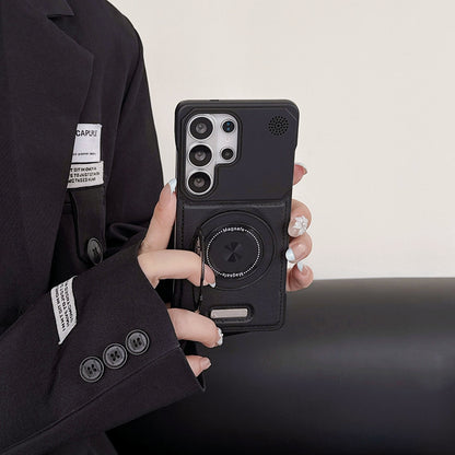 Frameless leather textured magnetic rotating stand Samsung phone case