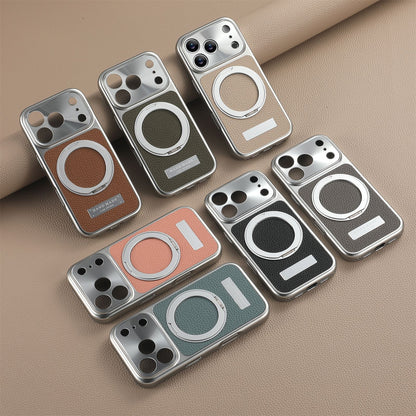 Lychee-patterned magnetic rotating stand electroplated Apple phone case