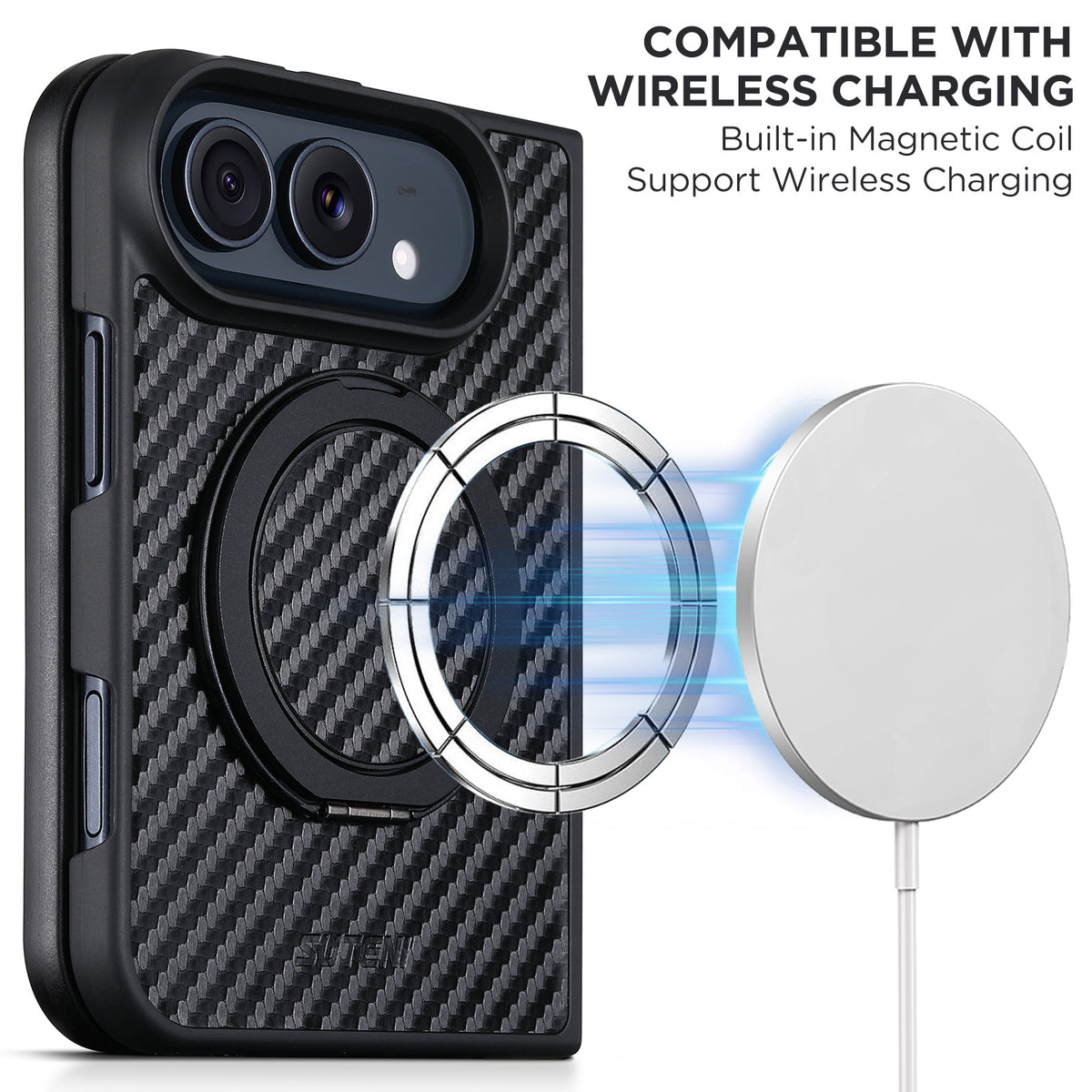 Carbon Fiber-Textured Magnetic Folio Case with Rotating Stand for iPhone Duo