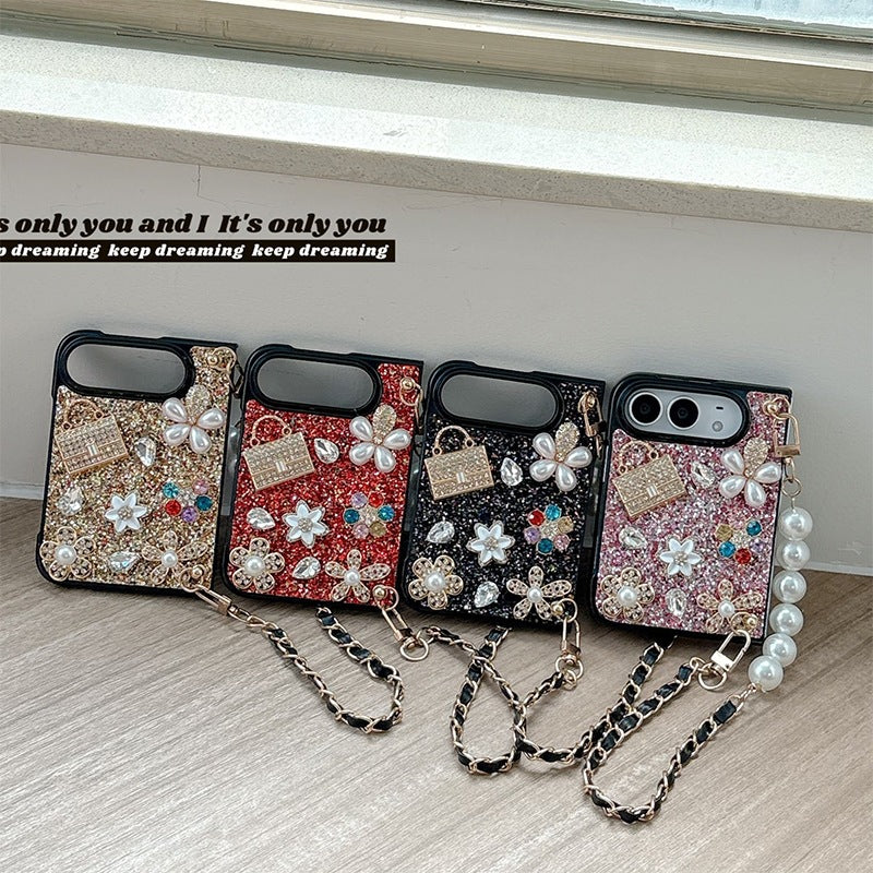 Luxurious Creative Rhinestone Flower & Pearl iPhone Duo Case