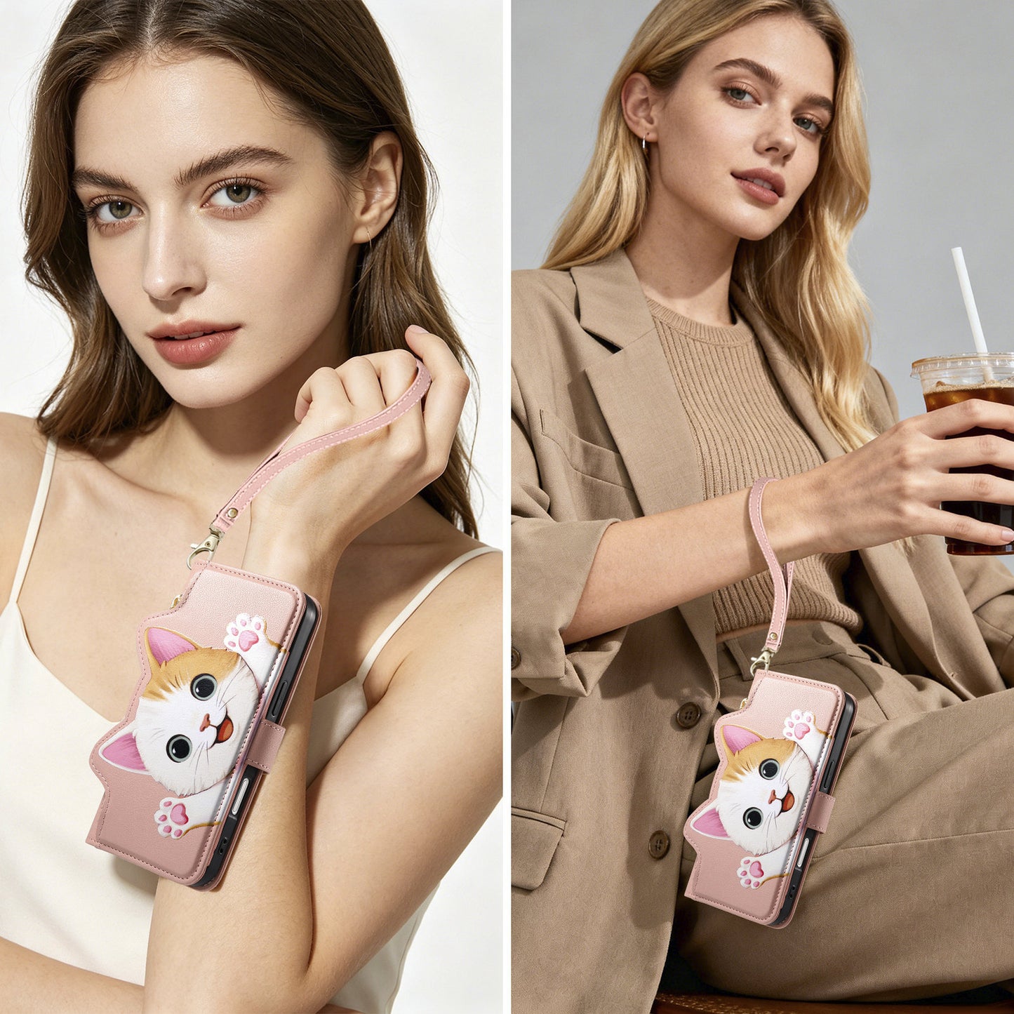 Cat and dog style flip phone case with short lanyard