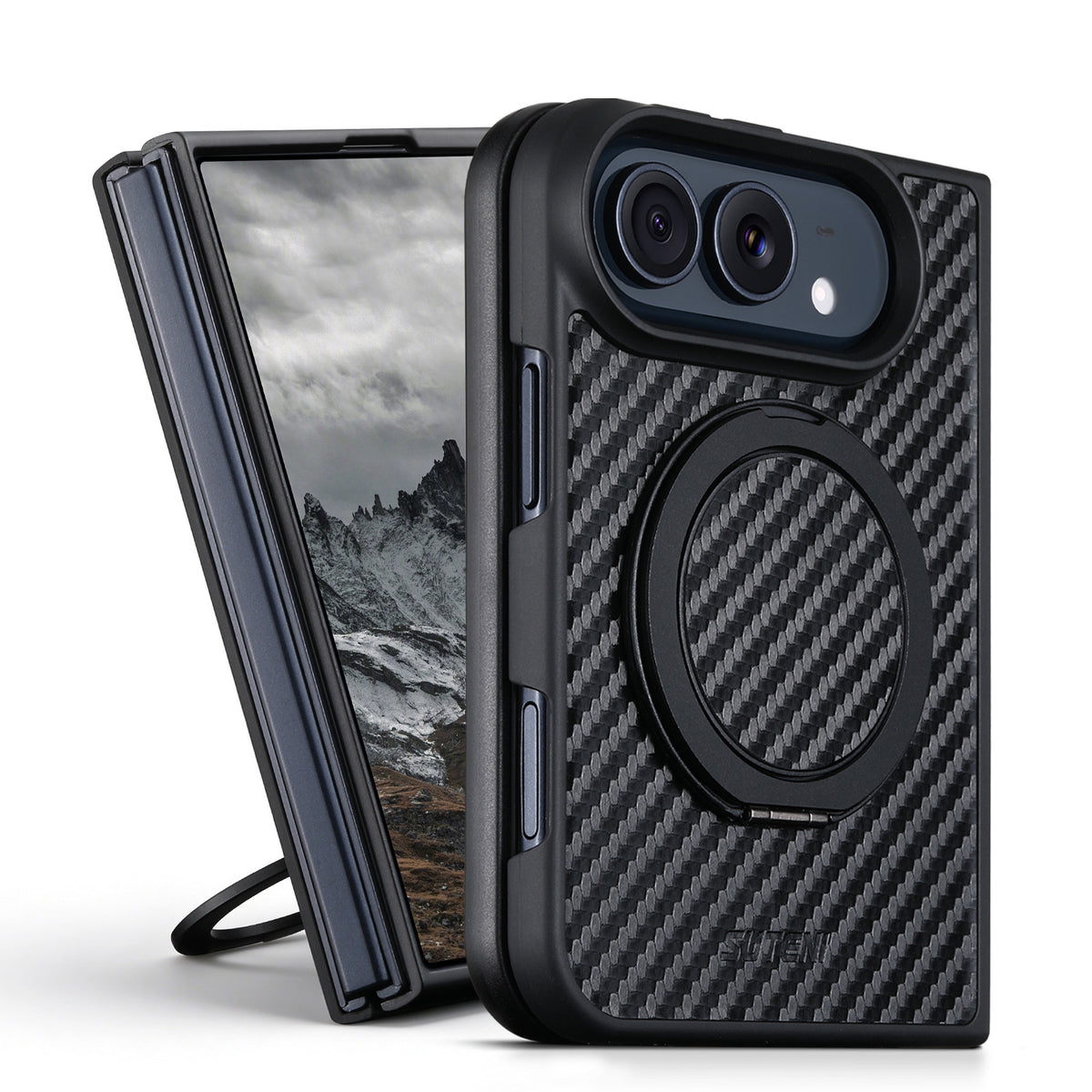 Carbon Fiber-Textured Magnetic Folio Case with Rotating Stand for iPhone Duo