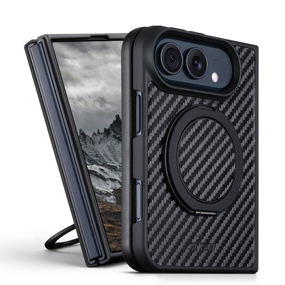 Carbon Fiber-Textured Magnetic Folio Case with Rotating Stand for iPhone Duo