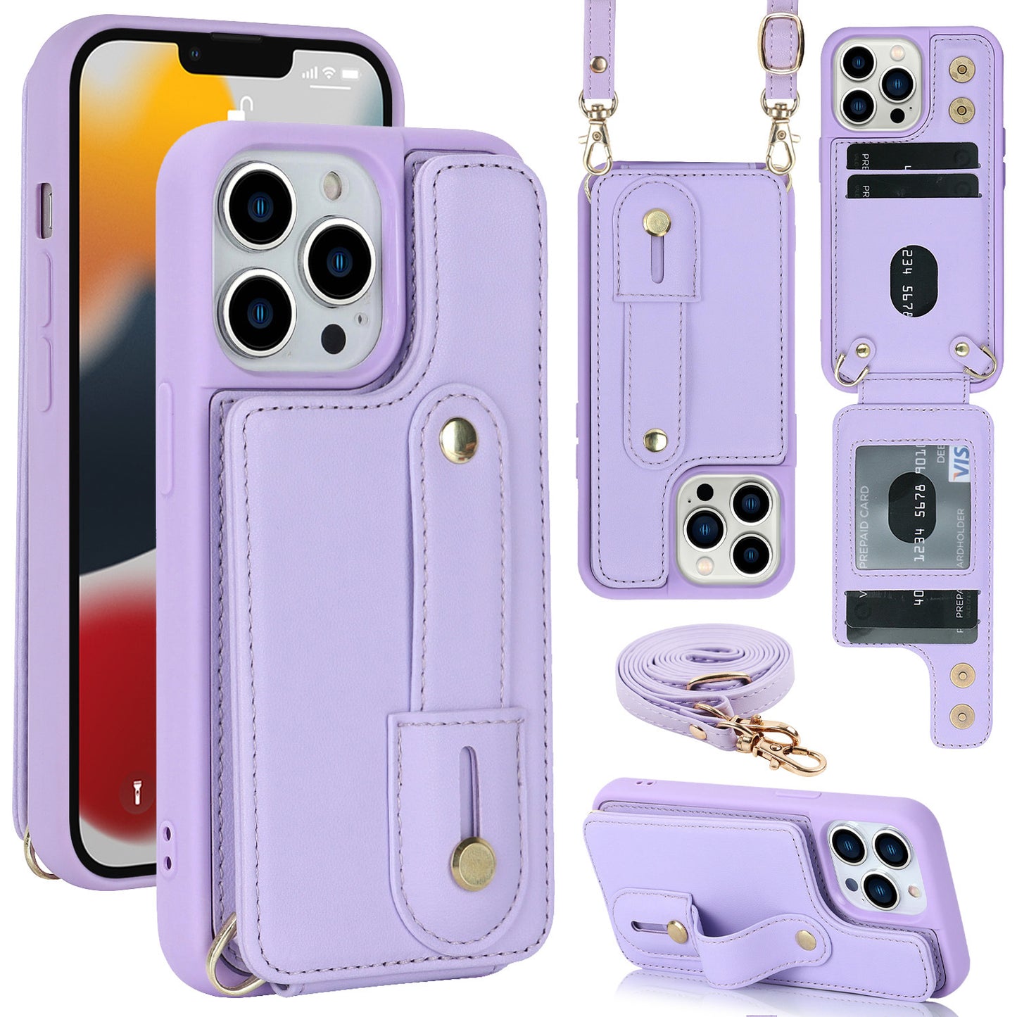 Crossbody long rope wrist strap stand leather case Apple phone case