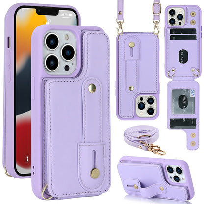 Crossbody long rope wrist strap stand leather case Apple phone case