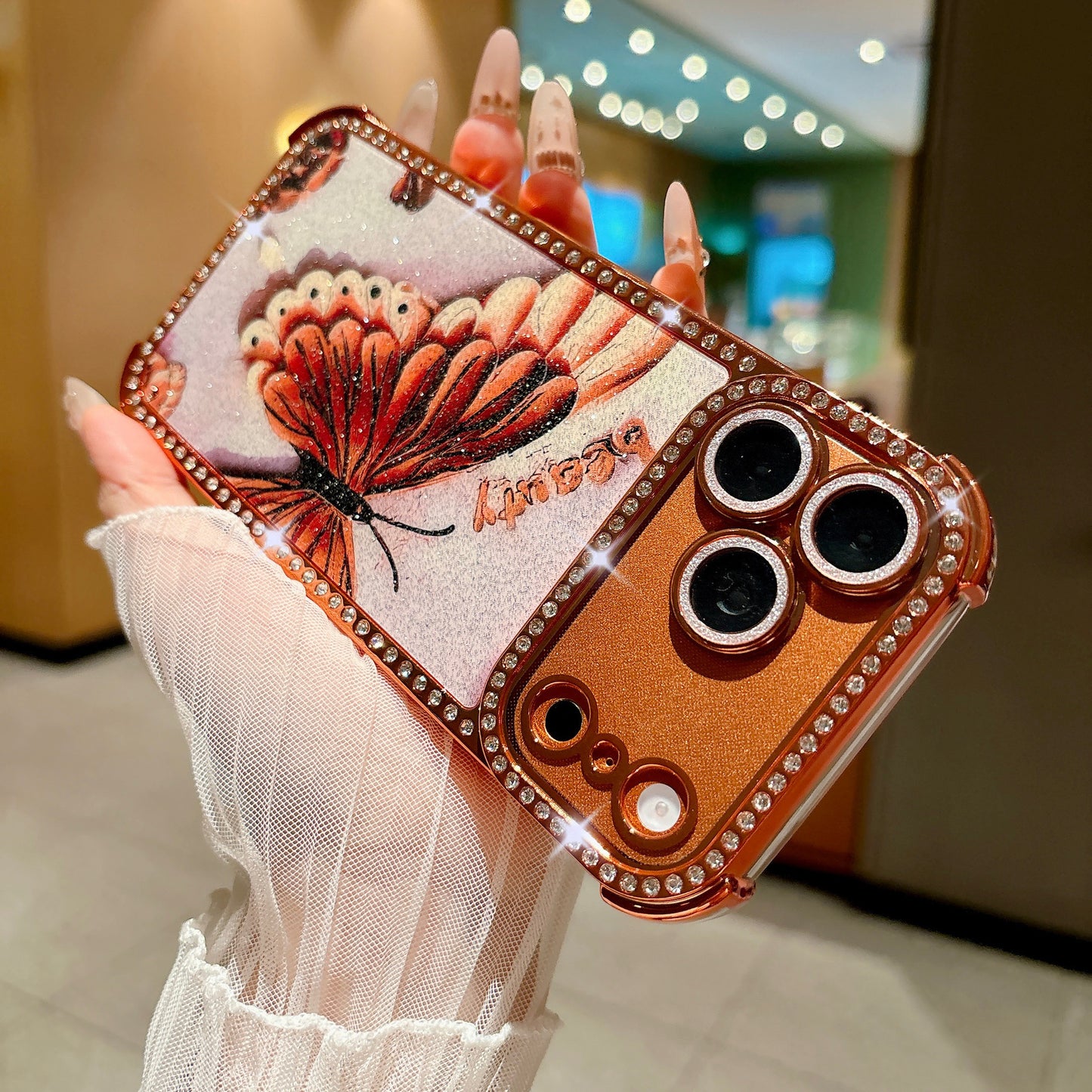 Butterfly glitter rhinestone-encrusted drop-proof Apple phone case