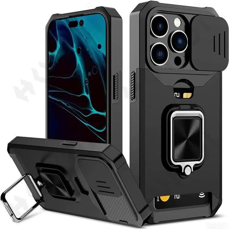 Mecha-style magnetic car mount phone case for iPhone with a sliding camera cover